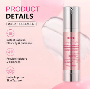Silver and pink microneedling serum bottle with a pump top, featuring a pink label with white text, against a soft pink backg