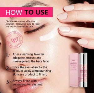 "KOEC Cica Collagen Microneedling Serum in a silver bottle with a pink box, applied to a model's cheek."