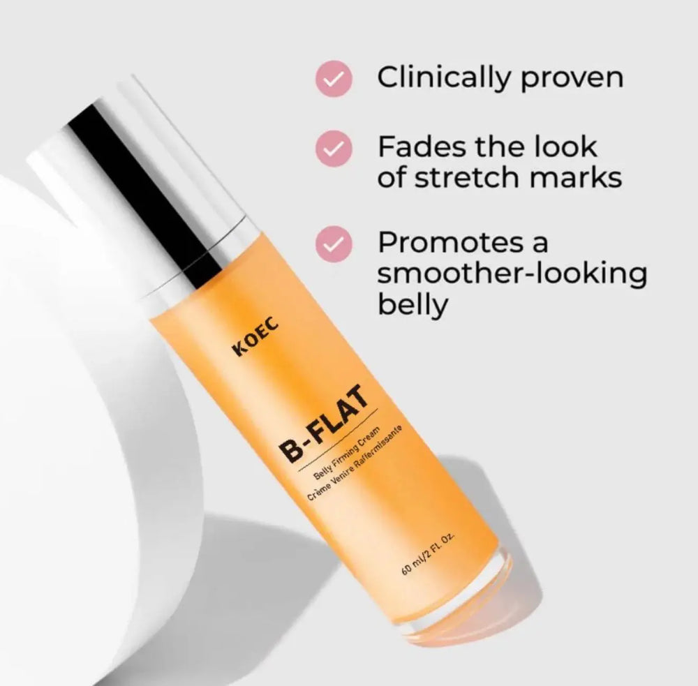 "Orange cylindrical bottle of KOEC B-FLAT Belly Firming Cream with a silver cap, placed on a white surface."