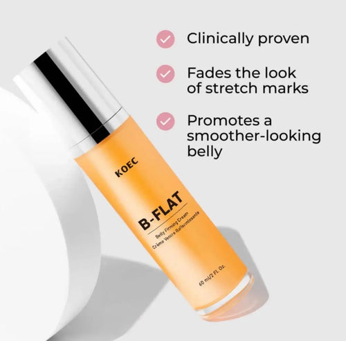 "Orange cylindrical bottle of KOEC B-FLAT Belly Firming Cream with a silver cap, placed on a white surface."