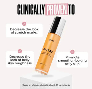 "KOEC B-FLAT belly firming cream in a clear bottle with a black pump top, set against a white background."
