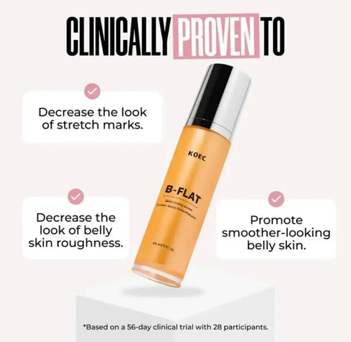 "KOEC B-FLAT belly firming cream in a clear bottle with a black pump top, set against a white background."