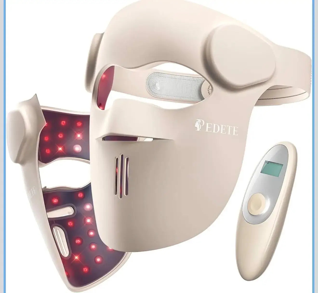"Beige LED light therapy mask with red lights and adjustable straps, accompanied by a remote control"