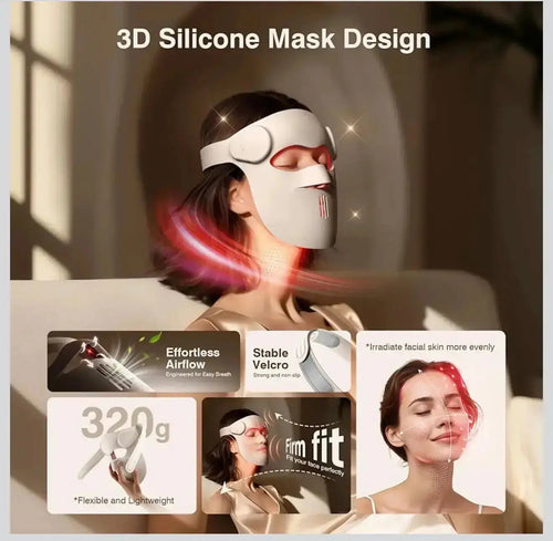 "3D silicone LED light therapy mask in white with adjustable straps, shown on a model's face, emitting red light."