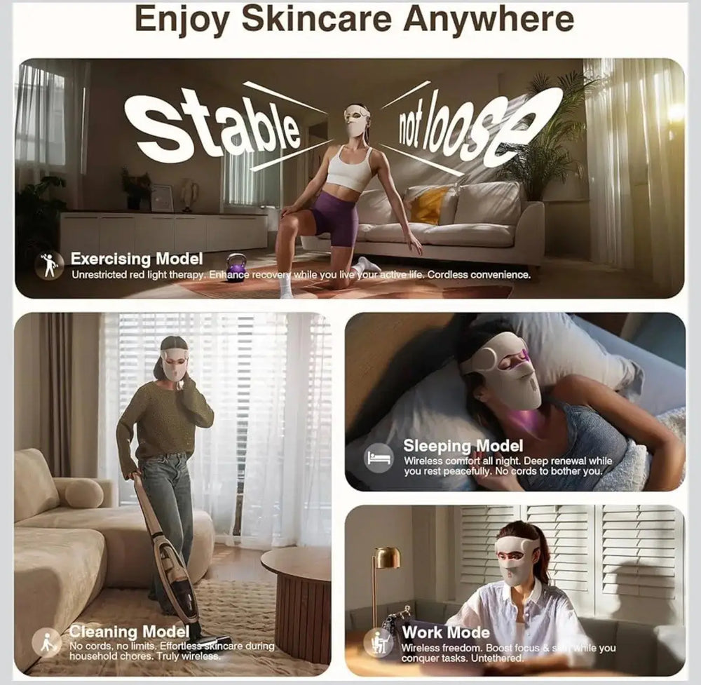 "White LED light therapy mask with adjustable straps, worn by a model sitting in a modern living room."