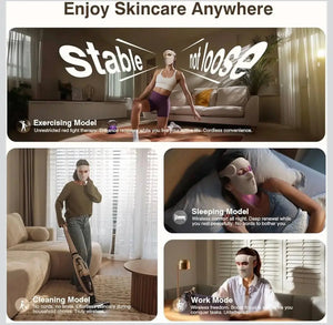 "White LED light therapy mask with adjustable straps, worn by a model sitting in a modern living room."