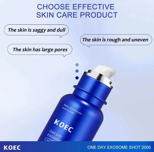"Blue serum bottle with a silver pump, labeled 'KOEC One Day Exosome Shot 2000', placed on a light background."