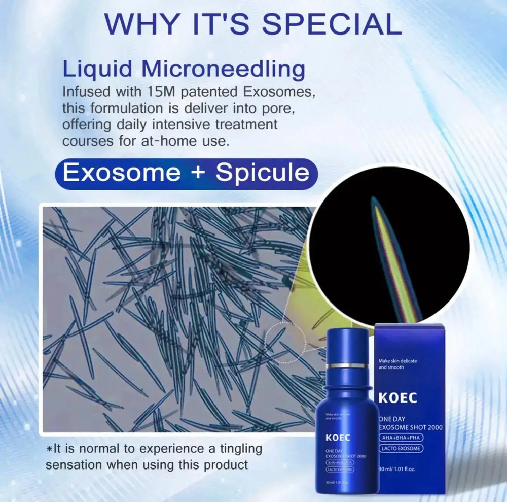 "Blue bottle of KOEC One Day Exosome Shot 2000 serum with a silver cap, next to a blue box, on a light background."