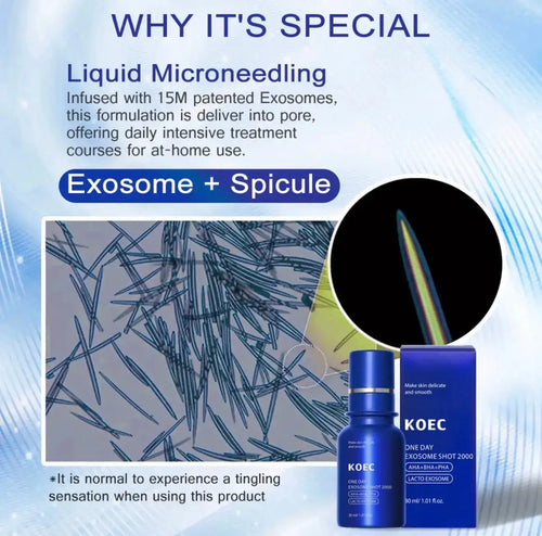 "Blue bottle of KOEC One Day Exosome Shot 2000 serum with a silver cap, next to a blue box, on a light background."
