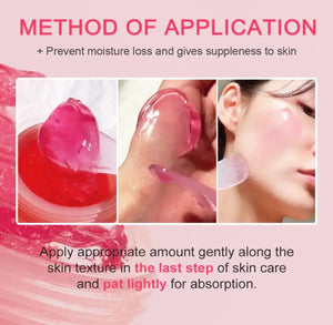 "Three panels showing KOEC Collagen Jelly Cream: pink gel in a jar, application on skin, and close-up of gel texture."