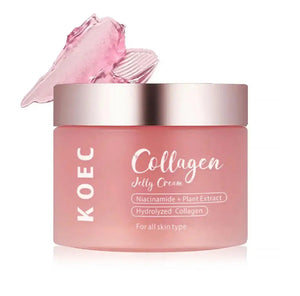 "Pink jar of KOEC Collagen Jelly Cream with a metallic lid, featuring a clear label and a dollop of gel on top."