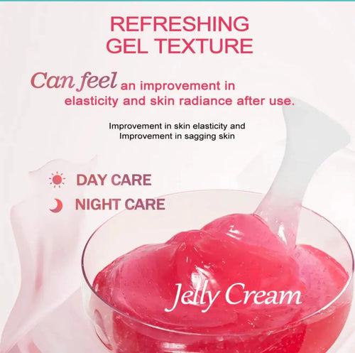 "Transparent jelly cream in a clear jar with a spoon, pink background and text highlighting gel texture."
