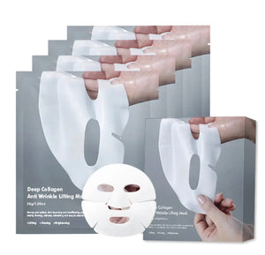 "Pack of five white hydrogel masks with eye and mouth openings, displayed with one mask in front and a box behind."