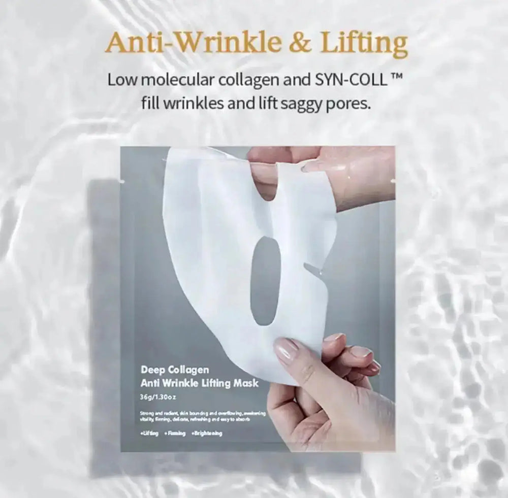 White sheet mask held by a hand, featuring a cut-out for the eyes and mouth, against a silver background with text.
