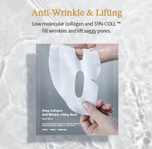 White sheet mask held by a hand, featuring a cut-out for the eyes and mouth, against a silver background with text.