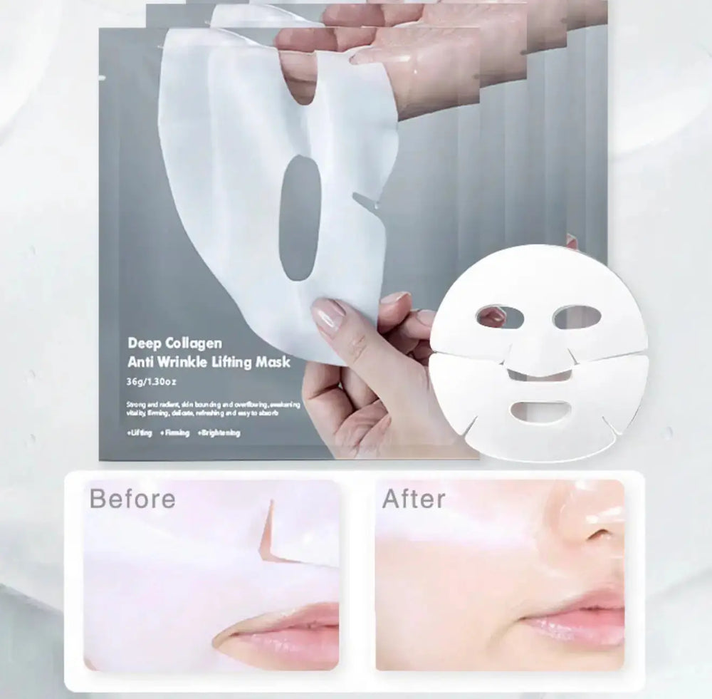 "White sheet mask package labeled 'Deep Collagen Anti-Wrinkle Lifting Mask' with a hand holding a mask, before and after phot