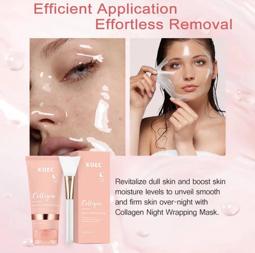 "KOEC 9-in-1 Skincare Set with pink packaging, applicator brush, and model using a collagen mask, on light background."