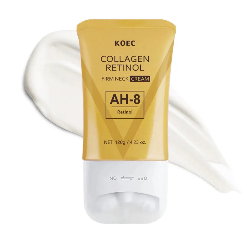 "Yellow tube of KOEC Collagen Retinol Firming Neck Cream with white cap and AH-8 label, placed on a light background."