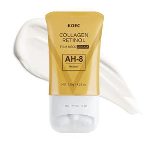 "Yellow tube of KOEC Collagen Retinol Firming Neck Cream with white cap and AH-8 label, placed on a light background."