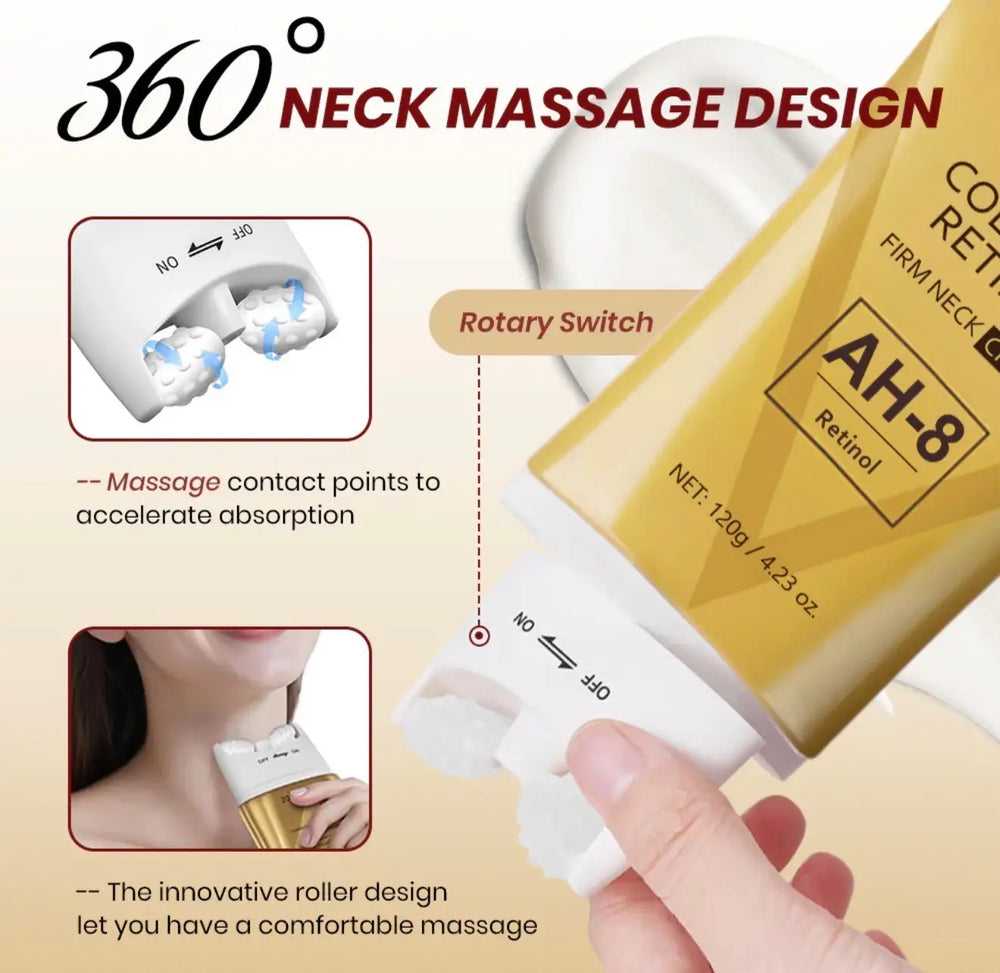 "Gold tube of KOEC Collagen Retinol Firming Neck Cream with a rotary switch and massage roller design, shown with a model."