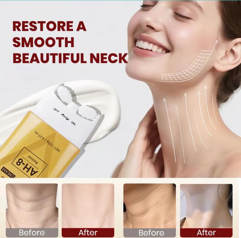 "KOEC Collagen Retinol Firming Neck Cream packaging in white and gold, with before and after neck images, text overlay."