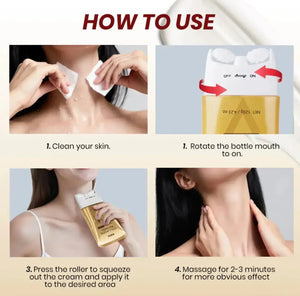 "Four-step guide for using KOEC Collagen Retinol Firming Neck Cream, featuring a gold bottle and a person applying cream."