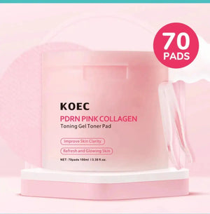 "KOEC PDRN Pink Collagen Toning Gel Pads in a clear pink container with a white lid, displayed on a white pedestal."