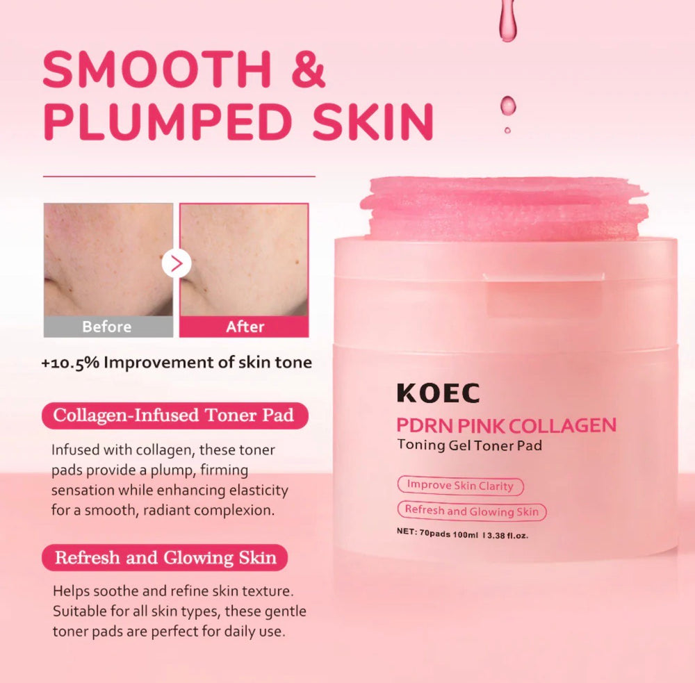 KOEC PDRN Pink Collagen Toning Gel Toner Pads – 70 Pads / 100 mL for Radiance & Clarity