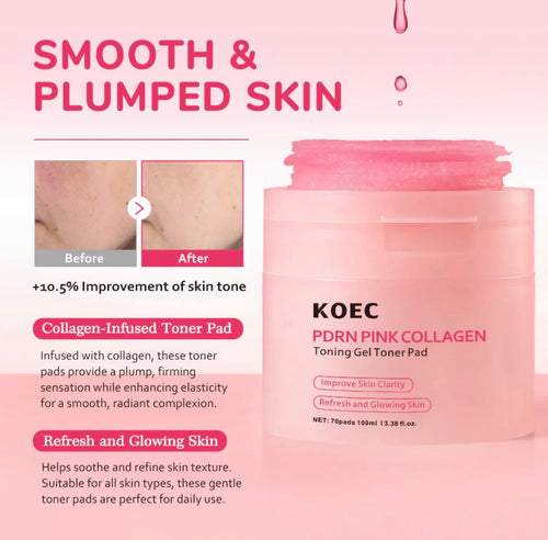 KOEC PDRN Pink Collagen Toning Gel Toner Pads – 70 Pads / 100 mL for Radiance & Clarity