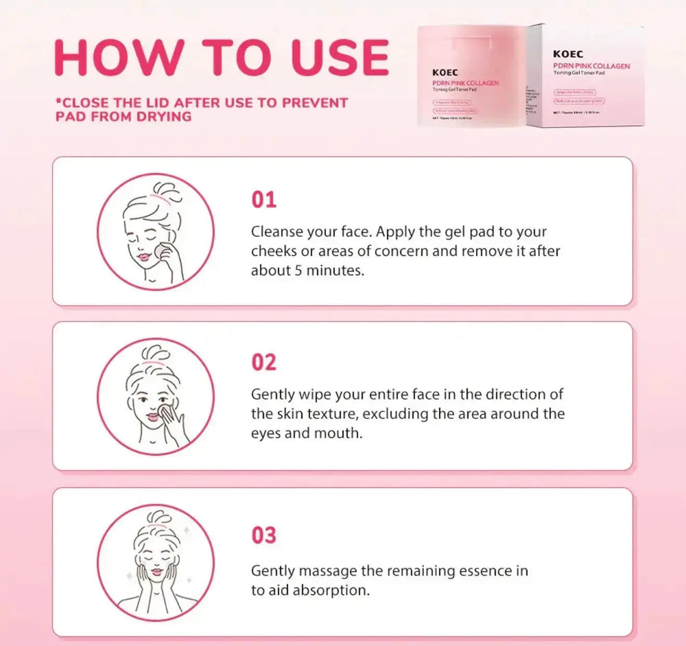 "KOEC PDRN Pink Collagen Toning Gel Pads packaging in soft pink, instructions with numbered steps, minimalist design."