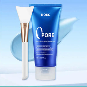 Blue tube of KOEC Pore Detox Blackhead Mud Mask with white cap, alongside a white applicator brush with gold accent.