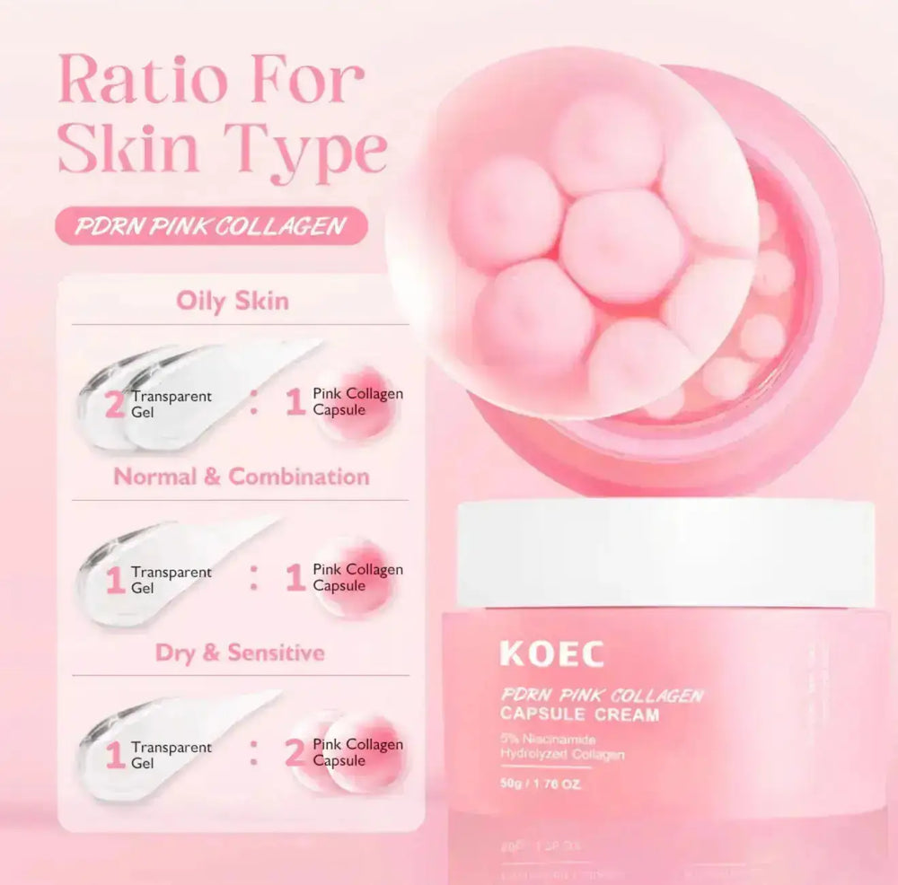 "KOEC PDRN Pink Collagen Capsule Cream jar in white with pink accents, featuring capsules and a pink gradient background."