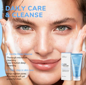 KOEC Pore Refining Foam Cleanser in blue tube with white text, held by a woman with wet skin and natural makeup, smiling.
