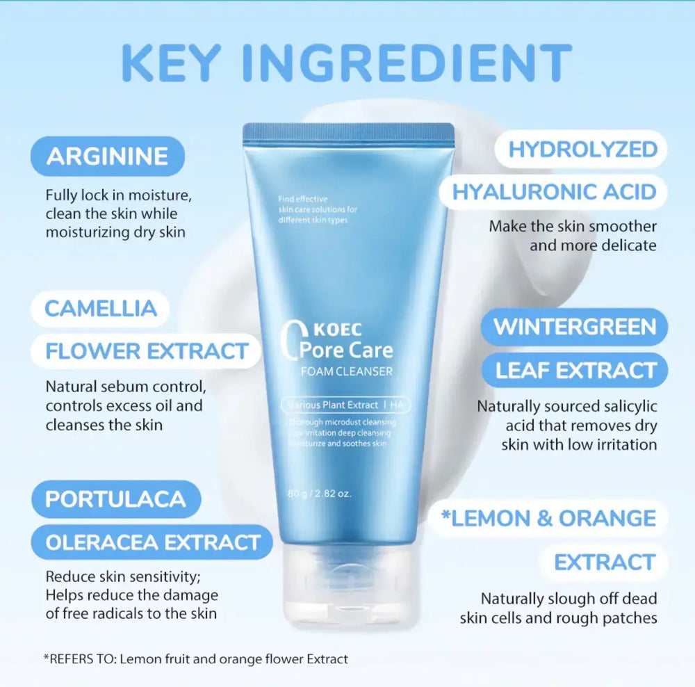 Light blue tube of KOEC Pore Refining Foam Cleanser with white cap, featuring ingredient highlights in a soft background.