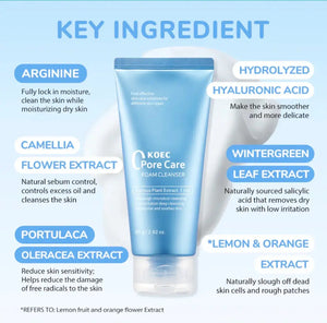 Light blue tube of KOEC Pore Refining Foam Cleanser with white cap, featuring ingredient highlights in a soft background.
