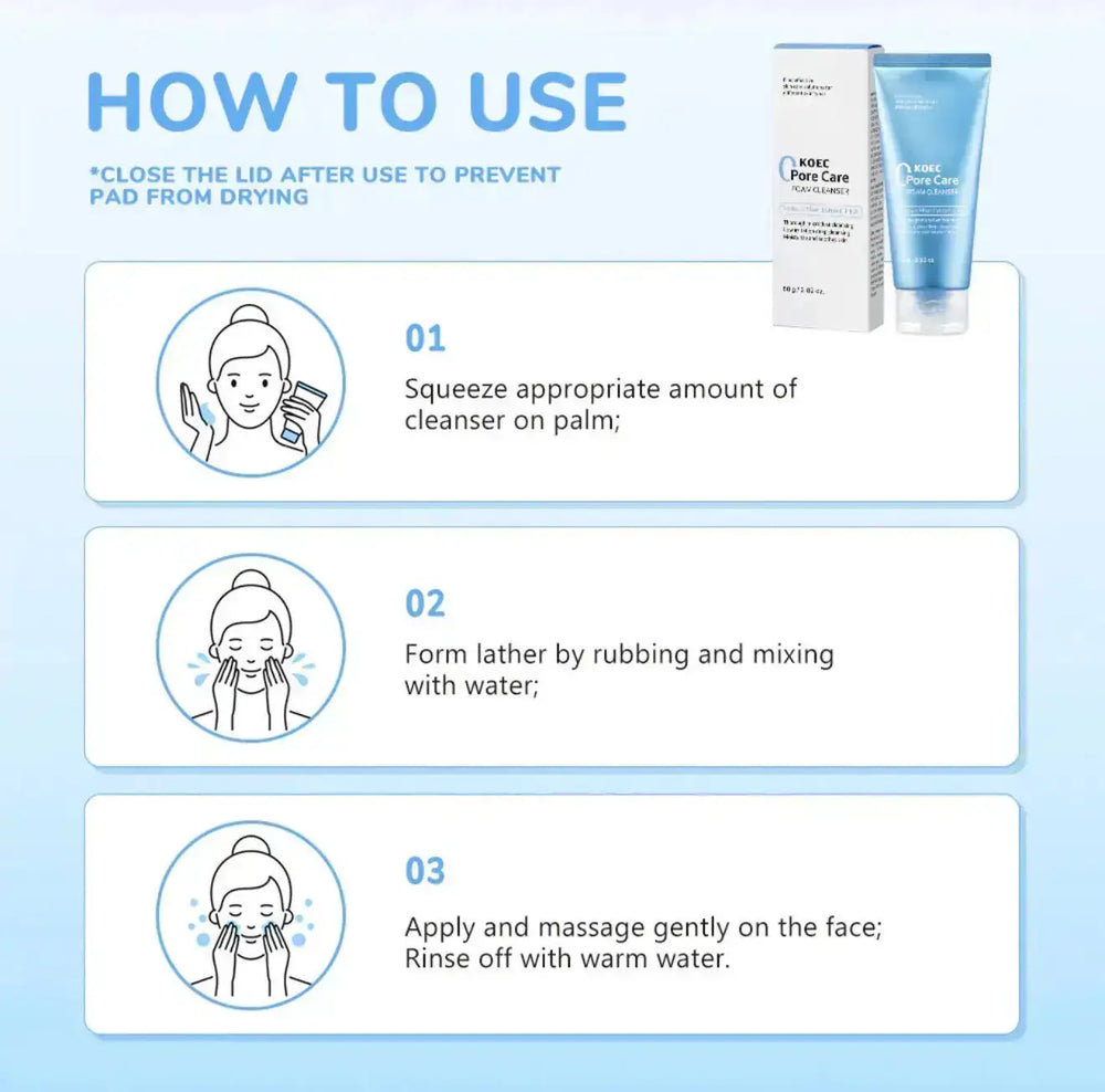 "KOEC Pore Refining Foam Cleanser in light blue tube with white cap, placed beside a white box, on a light blue background."