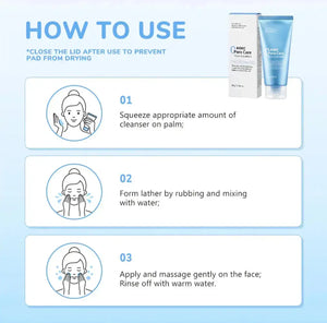 "KOEC Pore Refining Foam Cleanser in light blue tube with white cap, placed beside a white box, on a light blue background."