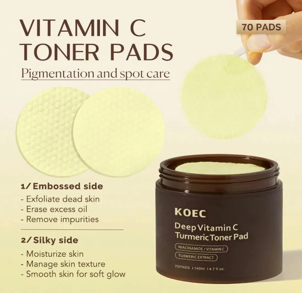 "KOEC Deep Vitamin C Turmeric Toner Pad jar, black container with green lid, two yellow toner pads visible, text on label."