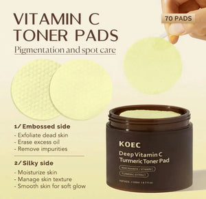 "KOEC Deep Vitamin C Turmeric Toner Pad jar, black container with green lid, two yellow toner pads visible, text on label."