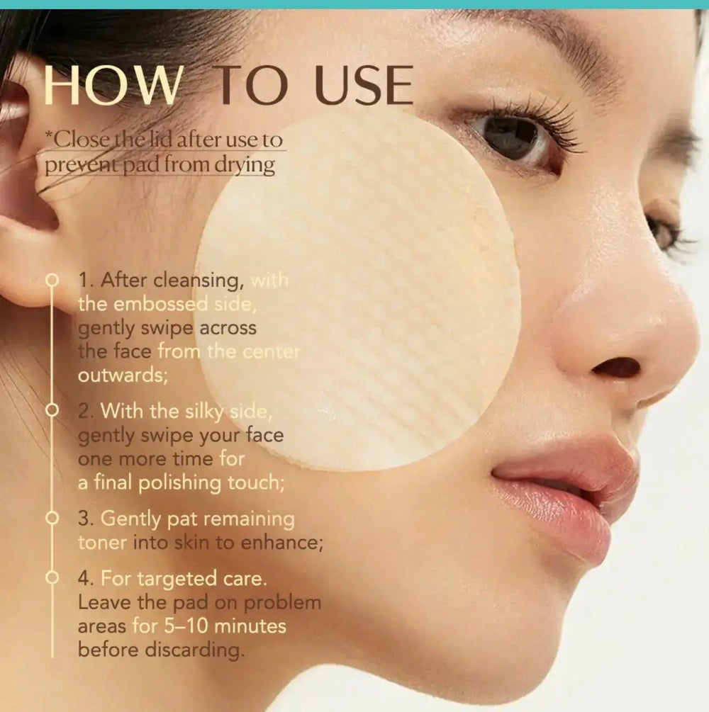 "Close-up of a woman applying a round toner pad to her cheek, with instructions overlayed in light text."