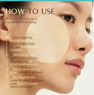 "Close-up of a woman applying a round toner pad to her cheek, with instructions overlayed in light text."