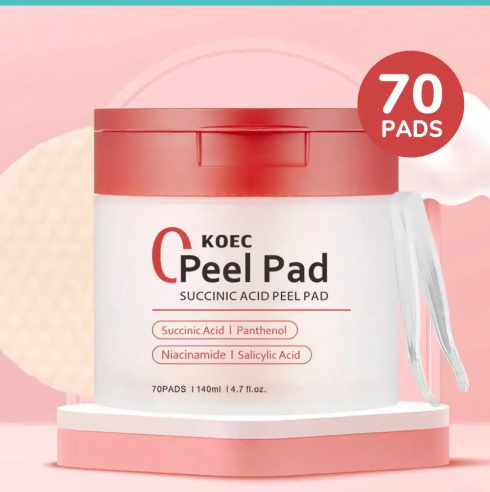 "Round white jar with a pink lid labeled 'KOEC Exfoliating Toner Pads' on a pink background, featuring 70 pads."