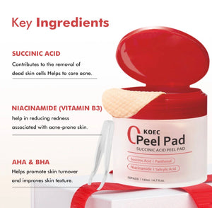 KOEC Succinic Acid Peel Pad – Exfoliating Toner Pads with Niacinamide, AHA, BHA (70 Pads)