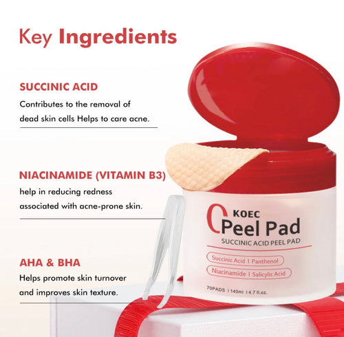 KOEC Succinic Acid Peel Pad – Exfoliating Toner Pads with Niacinamide, AHA, BHA (70 Pads)
