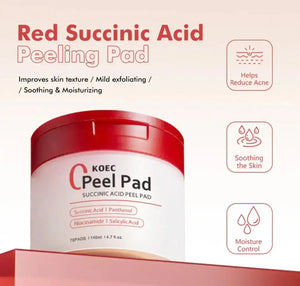 "Red circular container with a white label, featuring product name 'KOEC Exfoliating Toner Pads', lid view."