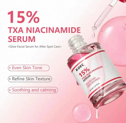 "Clear glass bottle with a pink serum, white label featuring red text, dropper cap, on light pink background."