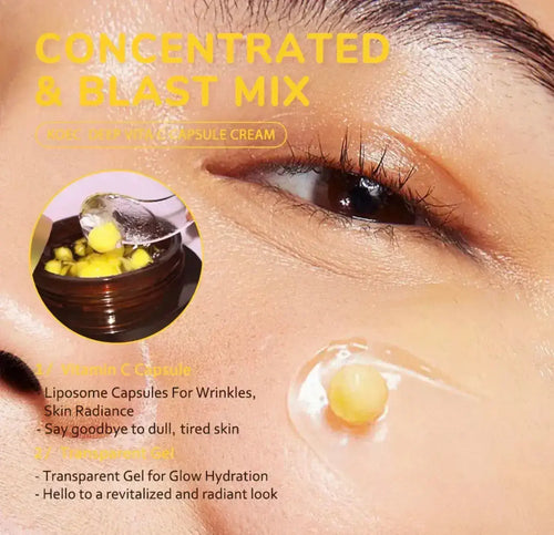 "Close-up of a transparent gel capsule with a yellow sphere inside, resting on skin with a glowing finish."
