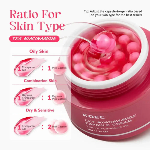 "Transparent cream jar with pink capsules inside, labeled KOEC TXA Niacinamide 5%, top view on a white background."