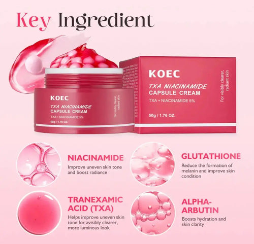 "Pink jar of KOEC TXA Niacinamide Cream with a white lid, displayed alongside pink capsules and ingredient icons on a light b