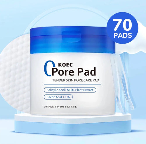 "White jar with blue lid labeled 'KOEC Pore Pad', displayed on a light blue pedestal, with 70 skincare pads inside."